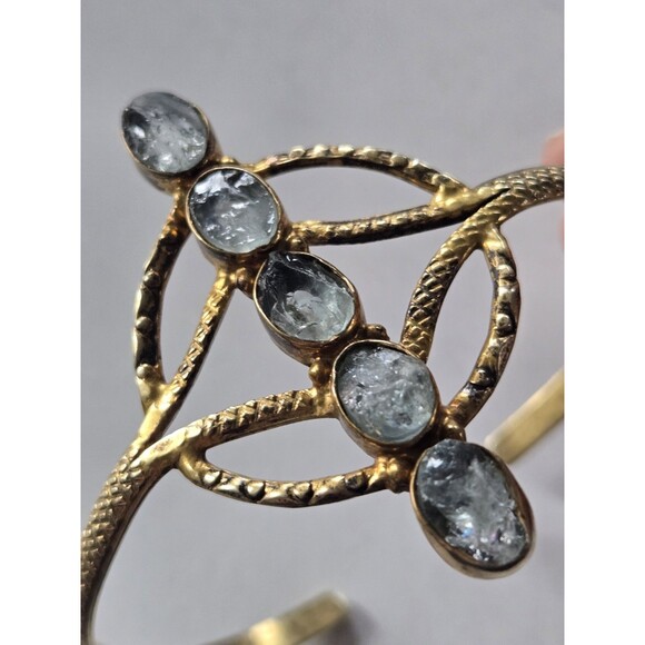 Vintage Gold-Tone 5 Stone Cuff Bracelet Textured Raw Uncut Gemstones Bezel Set - Picture 5 of 11